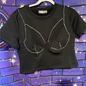 NWT Blue B Black rhinestone embellished Cropped Tee scuba feel- size Large